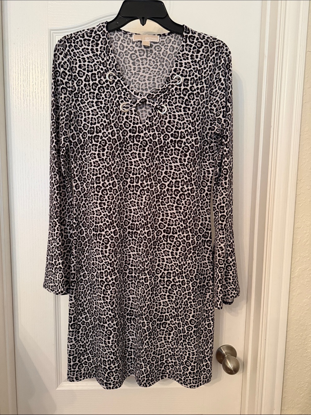 Michael Kors Gray/black Leopard Print Long bell Sleeve Dress with Lace-Up Neck